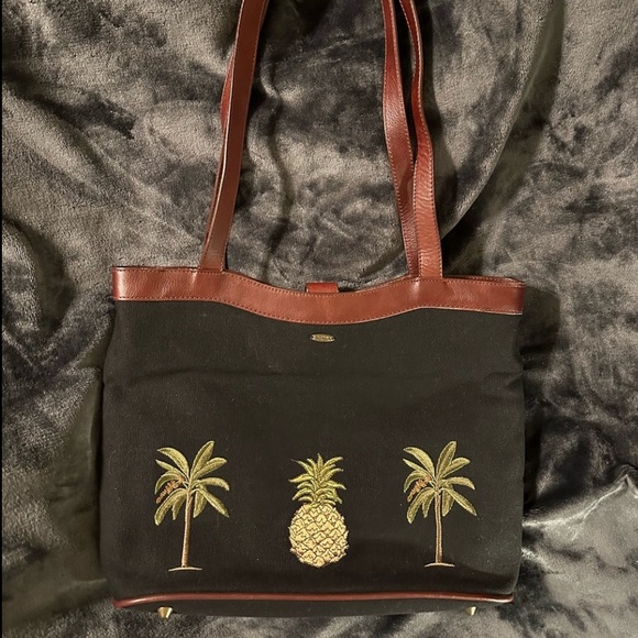 Scala Embroidered Twin Palms and Pineapple Black with Brown Leather Trim Handbag - Picture 15 of 15